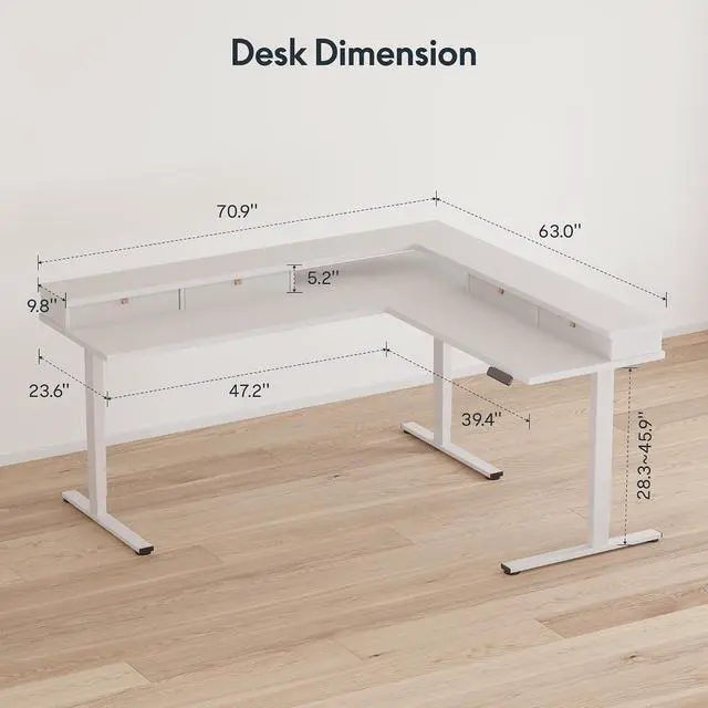 Alt view image 3 of 7 - SANODESK 71x63 Electric L-Shaped Corner Standing Desk with 4 Drawers | Reversible L-Shape Desk, 28.3"-45.9" Height, 4 Presets, 3-Leg Frame Holds 220 Lbs, Spacious Top, 2-Box Ship, White
