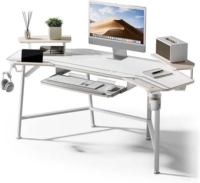 Main image of EUREKA ERGONOMIC Gaming Desk Wing Shaped Keyboard Tray 72 Inch Maple | LED monitor stand with dual headphone hooks and cup holder, built for gaming, streaming, and studio setups