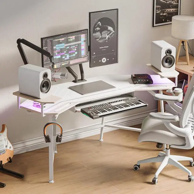 Alt view image 2 of 7 - EUREKA ERGONOMIC Gaming Desk Wing Shaped Keyboard Tray 72 Inch Maple | LED monitor stand with dual headphone hooks and cup holder, built for gaming, streaming, and studio setups