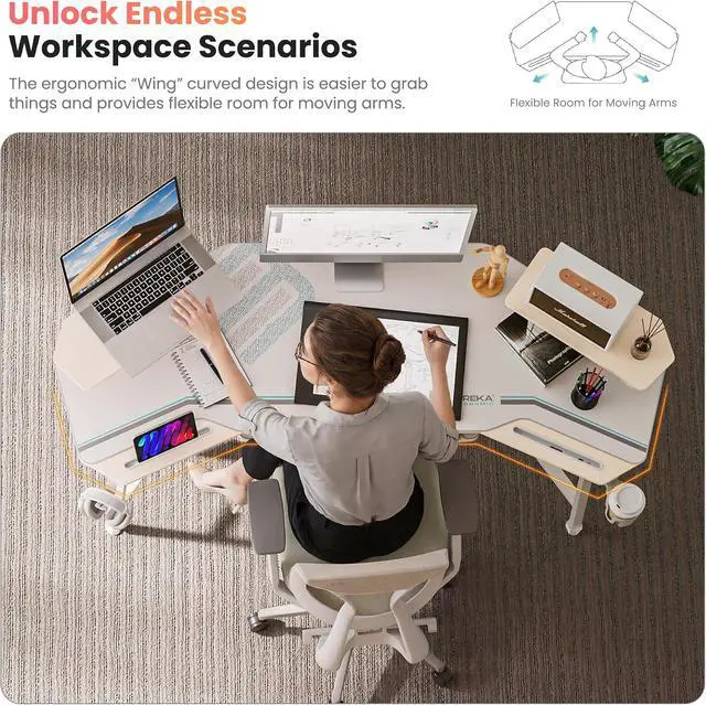 Alt view image 5 of 7 - EUREKA ERGONOMIC Gaming Desk Wing Shaped Keyboard Tray 72 Inch Maple | LED monitor stand with dual headphone hooks and cup holder, built for gaming, streaming, and studio setups