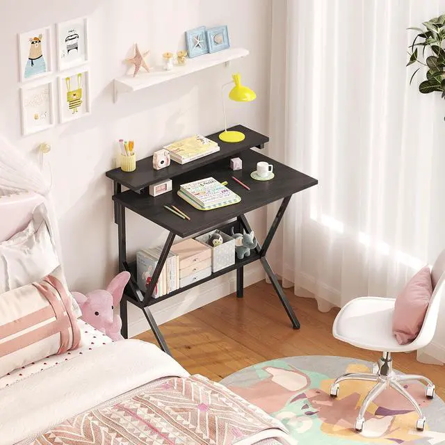 Alt view image 5 of 7 - COTUBLR Small Desk, 27.5 Inch Small Computer Desk for Small Spaces, Computer Desk with Adjustable Monitor Stand, Compact Desk with Storage, Tiny Desk Study Desk for Bedroom Home Office, Black