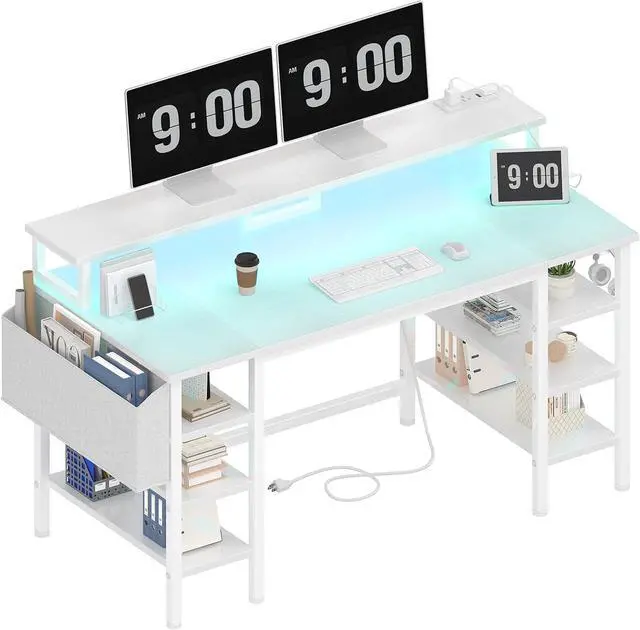 Main image of Lufeiya White Desk with Storage Shelves - 47 inch Home Office Gaming Desk with Monitor Stand, Computer Desk with LED Lights and Power Outlets, White