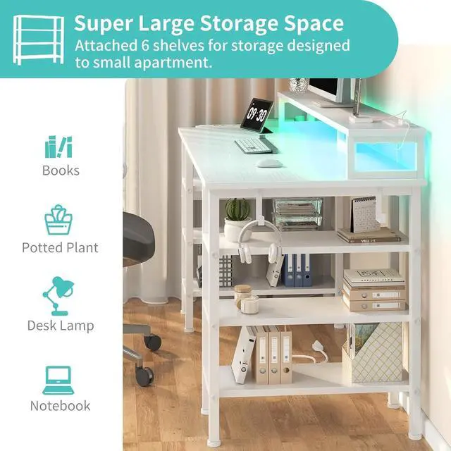 Alt view image 4 of 7 - Lufeiya White Desk with Storage Shelves - 47 inch Home Office Gaming Desk with Monitor Stand, Computer Desk with LED Lights and Power Outlets, White