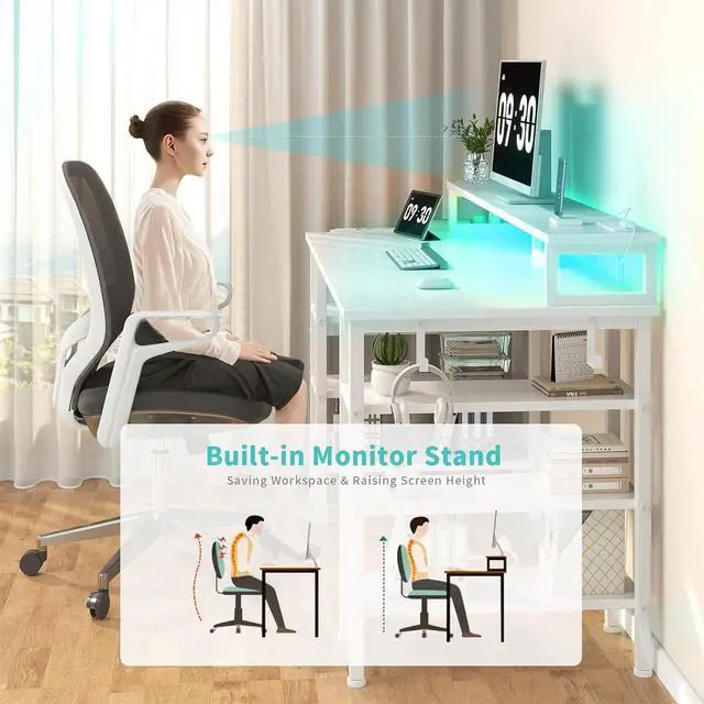 Alt view image 6 of 7 - Lufeiya White Desk with Storage Shelves - 47 inch Home Office Gaming Desk with Monitor Stand, Computer Desk with LED Lights and Power Outlets, White