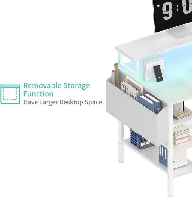 Alt view image 7 of 7 - Lufeiya White Desk with Storage Shelves - 47 inch Home Office Gaming Desk with Monitor Stand, Computer Desk with LED Lights and Power Outlets, White