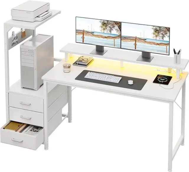 Main image of AODK 59 Inch Gaming Desk with USB Charging Ports & LED Light- Reversible Computer Desk with Storage Shelves & Monitor Stand, Modern Gamer Desk Table with Fabric Drawers, White