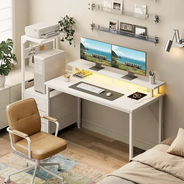 Alt view image 2 of 7 - AODK 59 Inch Gaming Desk with USB Charging Ports & LED Light- Reversible Computer Desk with Storage Shelves & Monitor Stand, Modern Gamer Desk Table with Fabric Drawers, White