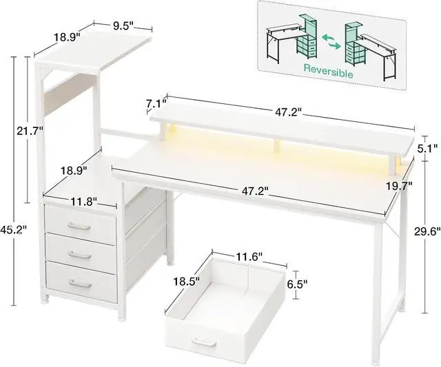 Alt view image 3 of 7 - AODK 59 Inch Gaming Desk with USB Charging Ports & LED Light- Reversible Computer Desk with Storage Shelves & Monitor Stand, Modern Gamer Desk Table with Fabric Drawers, White