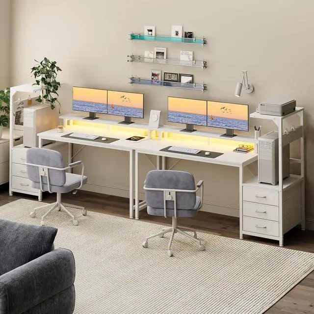 Alt view image 7 of 7 - AODK 59 Inch Gaming Desk with USB Charging Ports & LED Light- Reversible Computer Desk with Storage Shelves & Monitor Stand, Modern Gamer Desk Table with Fabric Drawers, White