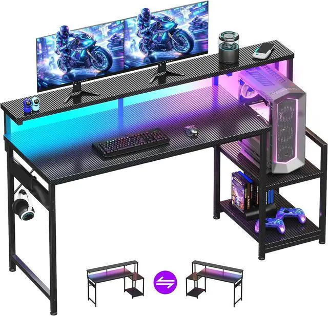 Main image of AODK 55 Inch Gaming Desk with LED Lights & CPU Stand, Carbon Fiber Black | Computer Desk with Storage Shelves, Reversible Desk with Monitor Stand