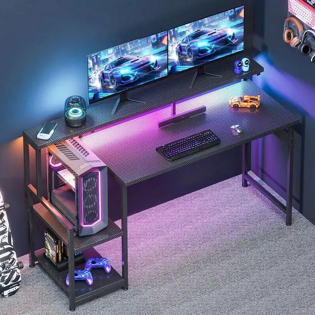 Alt view image 2 of 7 - AODK 55 Inch Gaming Desk with LED Lights & CPU Stand, Carbon Fiber Black | Computer Desk with Storage Shelves, Reversible Desk with Monitor Stand