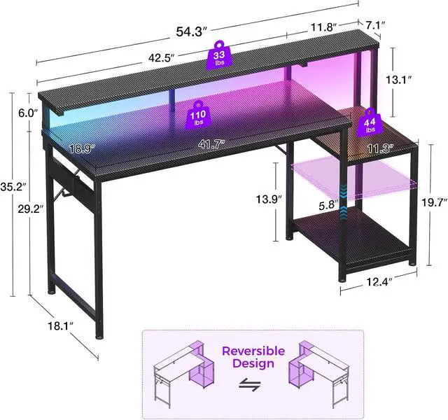 Alt view image 3 of 7 - AODK 55 Inch Gaming Desk with LED Lights & CPU Stand, Carbon Fiber Black | Computer Desk with Storage Shelves, Reversible Desk with Monitor Stand