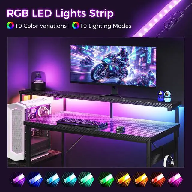 Alt view image 4 of 7 - AODK 55 Inch Gaming Desk with LED Lights & CPU Stand, Carbon Fiber Black | Computer Desk with Storage Shelves, Reversible Desk with Monitor Stand