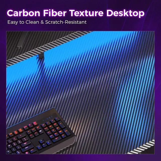 Alt view image 5 of 7 - AODK 55 Inch Gaming Desk with LED Lights & CPU Stand, Carbon Fiber Black | Computer Desk with Storage Shelves, Reversible Desk with Monitor Stand