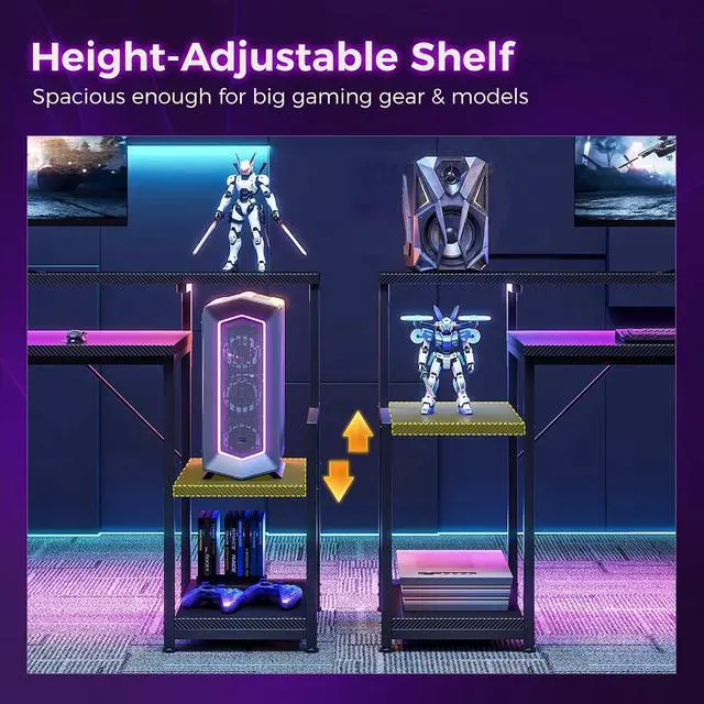 Alt view image 6 of 7 - AODK 55 Inch Gaming Desk with LED Lights & CPU Stand, Carbon Fiber Black | Computer Desk with Storage Shelves, Reversible Desk with Monitor Stand