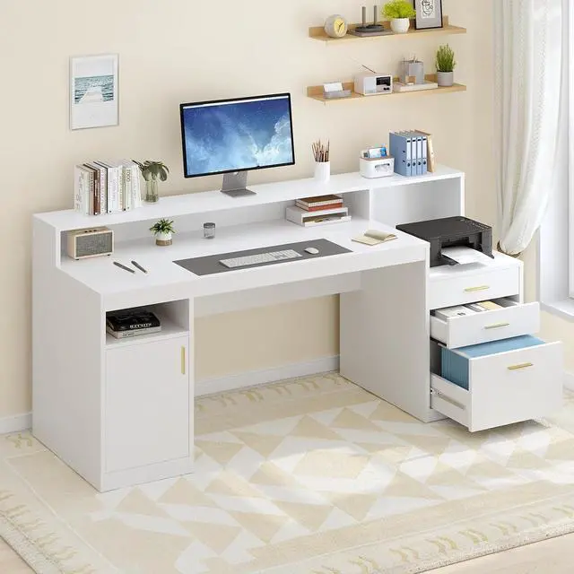 Alt view image 3 of 7 - 65" White Computer Desk with 3 Drawers & Printer Shelf for Home Office | White Desk with Printer Shelf & File Drawer, Executive Desk Writing Study Table with Monitor Stand, Storage Cabinet