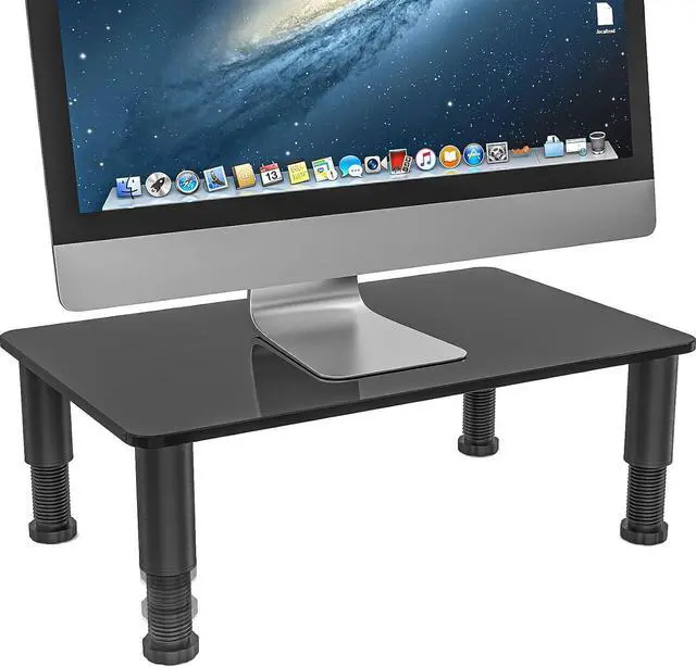 Main image of Glass Computer Monitor Stand Riser with Height Adjustable Multi Media Desktop Stand for Flat Screen LCD LED TV, Laptop/Notebook/Xbox One, Black HD01B-002