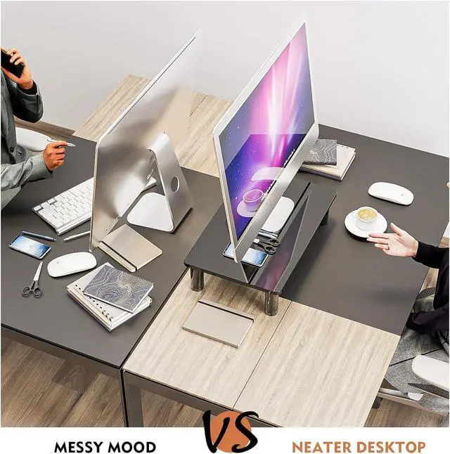 Alt view image 4 of 7 - Glass Computer Monitor Stand Riser with Height Adjustable Multi Media Desktop Stand for Flat Screen LCD LED TV, Laptop/Notebook/Xbox One, Black HD01B-002