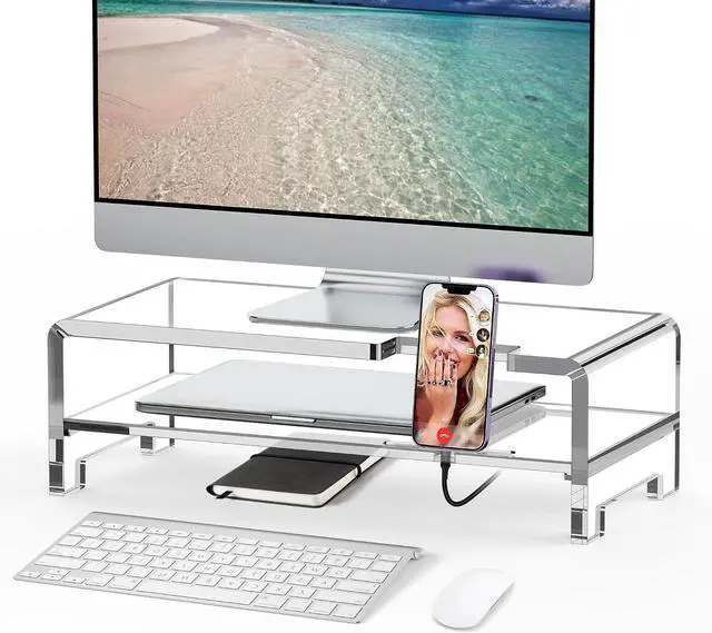 Main image of Acrylic Monitor Stand Riser Clear Laptop Stand 2-Tier L16 xW7.5 xH4.7 | Computer Monitor Stand Laptop Riser with Storage, Compatible with All Notebooks and Monitors, Desk Organizer for Home Office