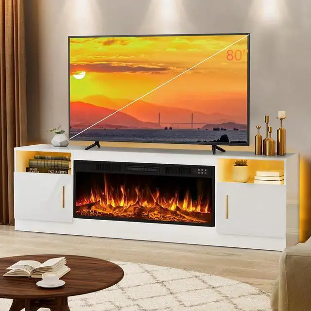 Main image of 70" Fireplace TV Stand for TVs up to 80", White | 36" electric fireplace, modern LED entertainment center, high gloss with highlight wood storage cabinet for living room