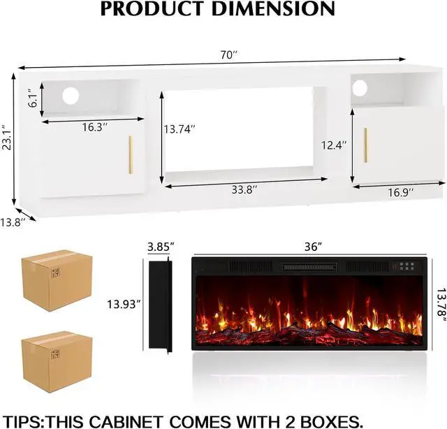 Alt view image 2 of 7 - 70" Fireplace TV Stand for TVs up to 80", White | 36" electric fireplace, modern LED entertainment center, high gloss with highlight wood storage cabinet for living room