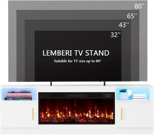Alt view image 3 of 7 - 70" Fireplace TV Stand for TVs up to 80", White | 36" electric fireplace, modern LED entertainment center, high gloss with highlight wood storage cabinet for living room