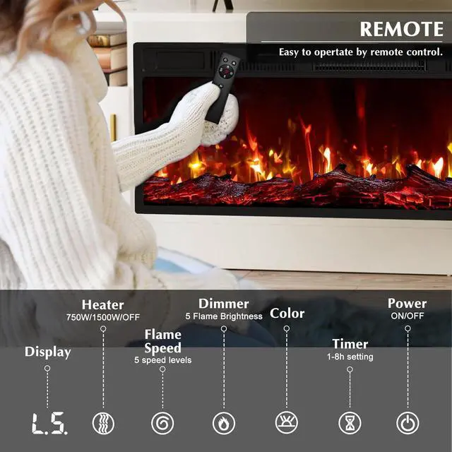 Alt view image 4 of 7 - 70" Fireplace TV Stand for TVs up to 80", White | 36" electric fireplace, modern LED entertainment center, high gloss with highlight wood storage cabinet for living room