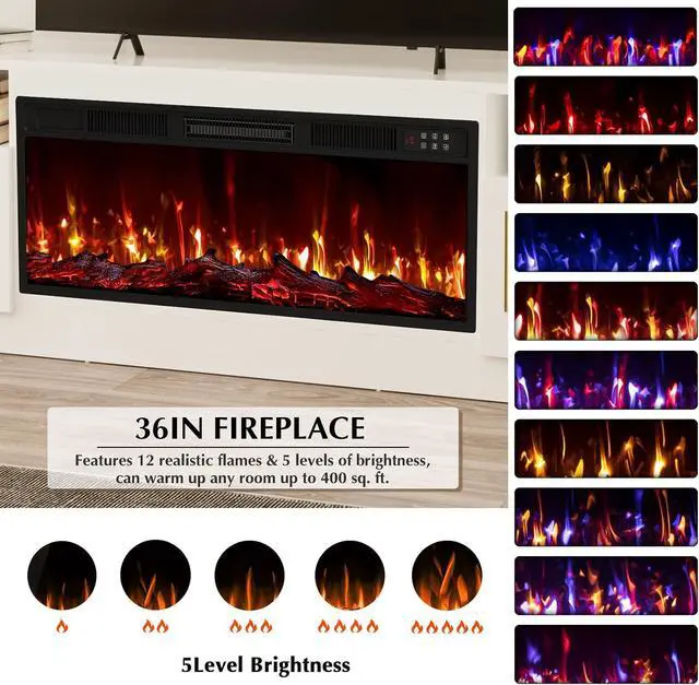 Alt view image 5 of 7 - 70" Fireplace TV Stand for TVs up to 80", White | 36" electric fireplace, modern LED entertainment center, high gloss with highlight wood storage cabinet for living room