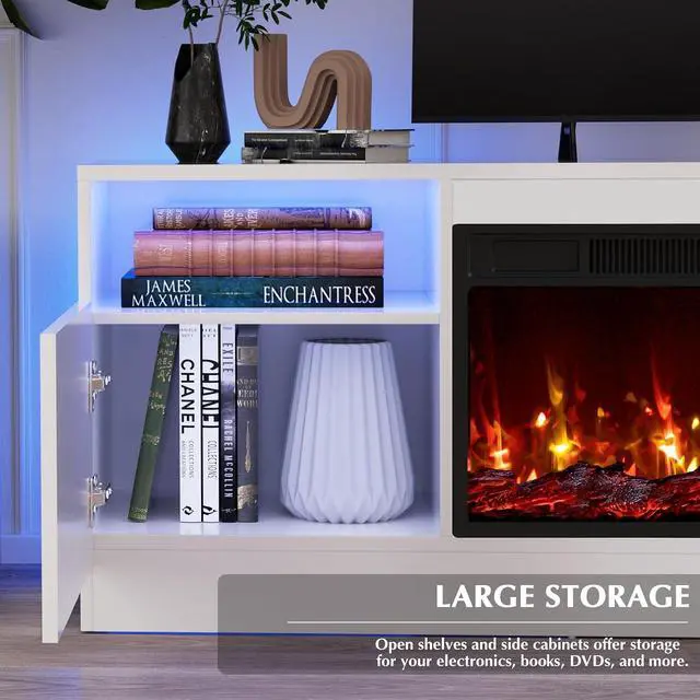 Alt view image 7 of 7 - 70" Fireplace TV Stand for TVs up to 80", White | 36" electric fireplace, modern LED entertainment center, high gloss with highlight wood storage cabinet for living room