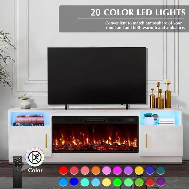 Alt view image 6 of 7 - 70" Fireplace TV Stand for TVs up to 80", White | 36" electric fireplace, modern LED entertainment center, high gloss with highlight wood storage cabinet for living room