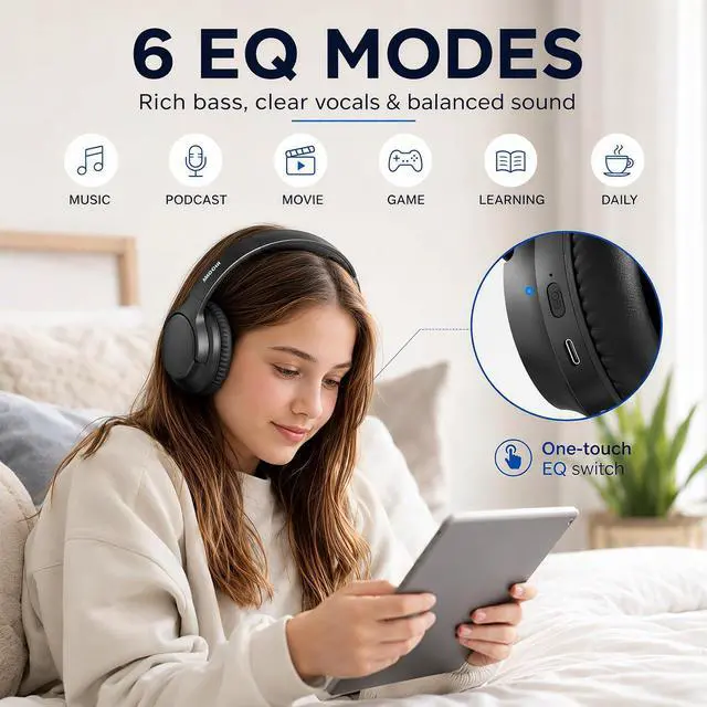 Alt view image 4 of 7 - Bluetooth Headphones Wireless 68H with Mic,Decent Sound-Acceptable Black | Adjustable Headband Foldable Over-Ear Lightweight for Office/Travel/Tablet/iPad/Laptop,HD Stereo Sound,Aux 3.5mm,Black