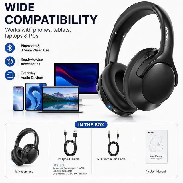 Alt view image 5 of 7 - Bluetooth Headphones Wireless 68H with Mic,Decent Sound-Acceptable Black | Adjustable Headband Foldable Over-Ear Lightweight for Office/Travel/Tablet/iPad/Laptop,HD Stereo Sound,Aux 3.5mm,Black