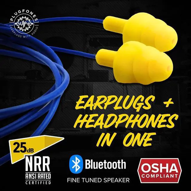 Alt view image 2 of 7 - Plugfones Basic Pro Bluetooth Earplug Headphones for Work, OSHA Compliant | 25dB NRR Hearing Protection Earplugs, Wireless Safety Earbuds, Noise Isolating Mic, Construction, Warehouse, Blue & Yellow
