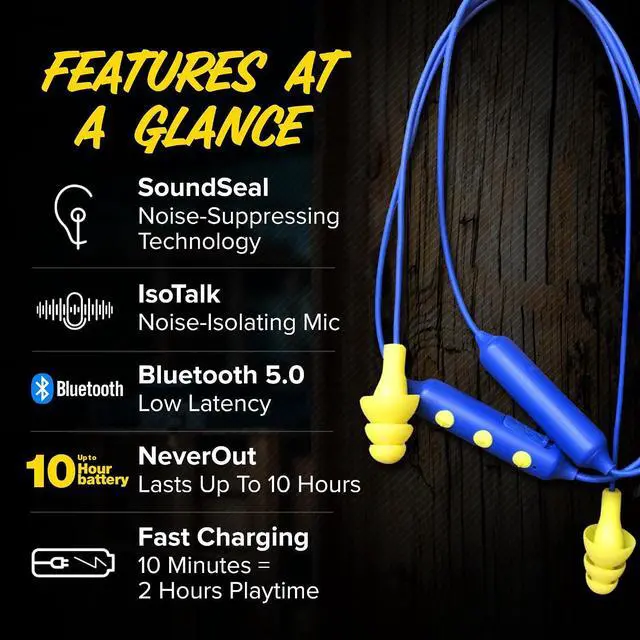 Alt view image 5 of 7 - Plugfones Basic Pro Bluetooth Earplug Headphones for Work, OSHA Compliant | 25dB NRR Hearing Protection Earplugs, Wireless Safety Earbuds, Noise Isolating Mic, Construction, Warehouse, Blue & Yellow