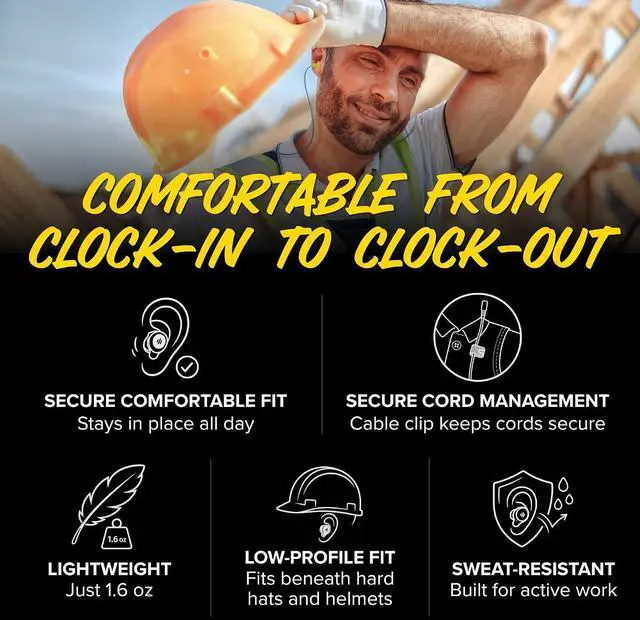Alt view image 4 of 7 - Plugfones Basic Pro Bluetooth Earplug Headphones for Work, OSHA Compliant | 25dB NRR Hearing Protection Earplugs, Wireless Safety Earbuds, Noise Isolating Mic, Construction, Warehouse, Blue & Yellow