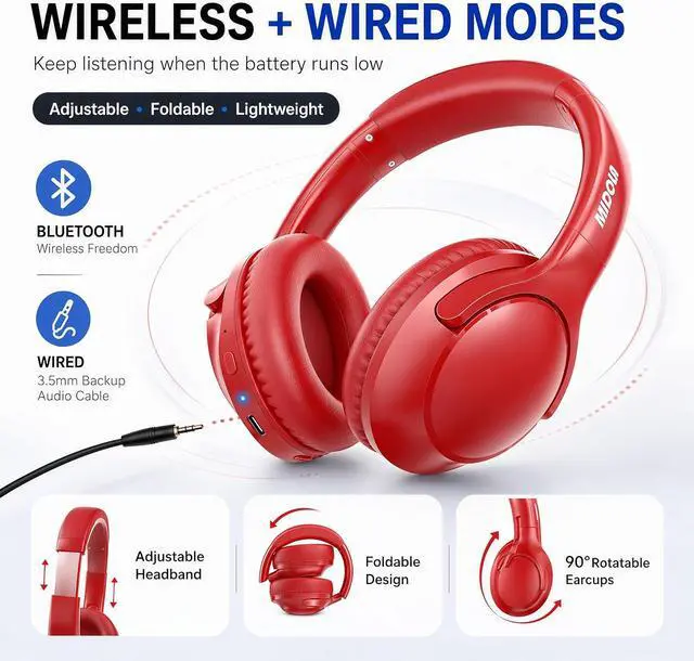 Alt view image 3 of 7 - Bluetooth Headphones Wireless 68H with Mic,Decent Sound-Acceptable Red | Adjustable Headband Foldable Over-Ear Lightweight for Office/Travel/Tablet/iPad/Laptop,HD Stereo Sound,Aux 3.5mm