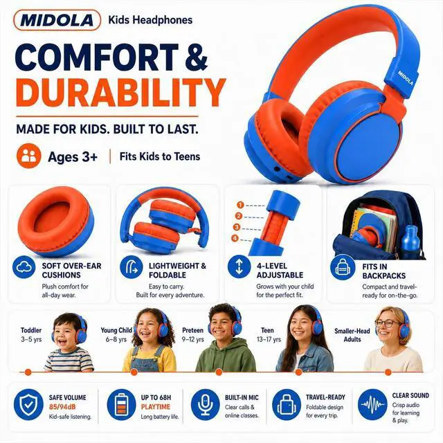 Alt view image 4 of 7 - Kids Bluetooth Headphones Wireless 68 Hours,Safe Volume Limit 85/94dB Blue | Adjustable Headband Foldable Over-Ear Lightweight Headsets for Toddler Girls Boys Tablet/iPad,HD Stereo,Built-in Mic