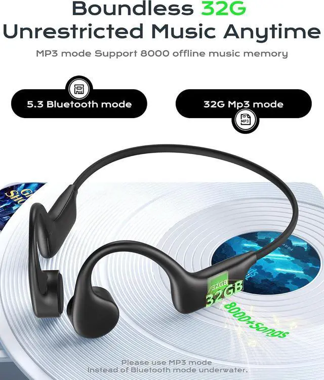 Alt view image 6 of 7 - DEMICEA Open Ear Sport Headphones, Wireless Bone Conduction Earphones, Built-in 32GB MP3,with Mic, IP68, Sweat & Water Resistant, Up to 8 Hours Battery, Bluetooth 5.3,for Running,Swimming,Workouts