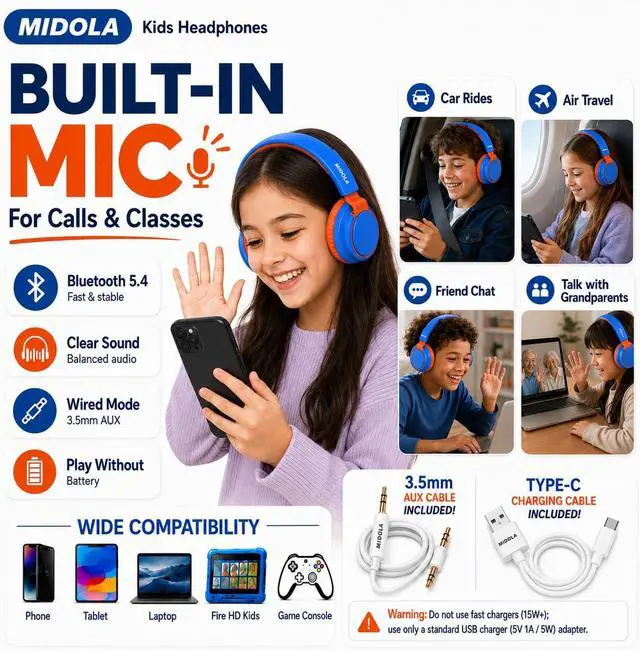 Alt view image 5 of 7 - Kids Bluetooth Headphones Wireless 68 Hours,Safe Volume Limit 85/94dB Blue | Adjustable Headband Foldable Over-Ear Lightweight Headsets for Toddler Girls Boys Tablet/iPad,HD Stereo,Built-in Mic