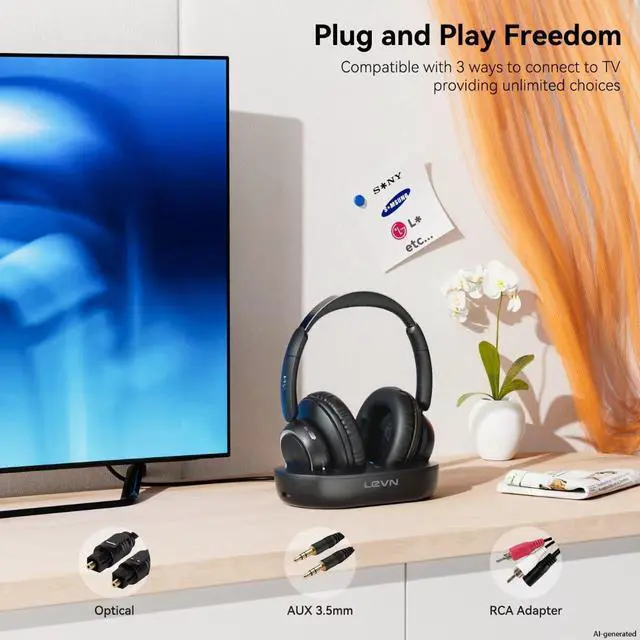Alt view image 5 of 7 - LEVN Wireless Headphones for TV Watching, TV Headphones Wireless for Seniors with Transmitter Charging Base, Hearing-impaired, No Audio Delay Bluetooth 5.2, Plug and Play, Gifts for Elderly