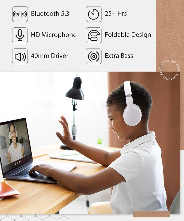 Alt view image 5 of 7 - rockpapa E7 Wired/Wireless Bluetooth Headphones with Mic, 25 Hours Playtime | 2 in 1 Wire less Blue tooth Head Phones Foldable Lightweight for Kids Boys Girls Youth in School Airplane Car White