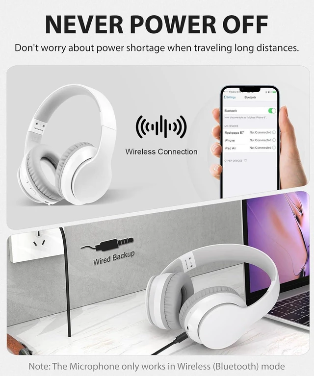 Alt view image 6 of 7 - rockpapa E7 Wired/Wireless Bluetooth Headphones with Mic, 25 Hours Playtime | 2 in 1 Wire less Blue tooth Head Phones Foldable Lightweight for Kids Boys Girls Youth in School Airplane Car White