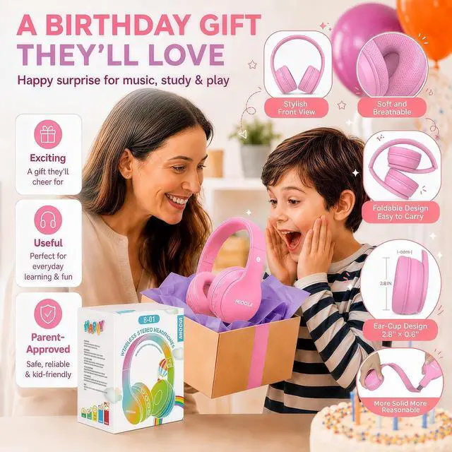 Alt view image 4 of 7 - Kids Bluetooth Headphones Wireless 68 Hours,Safe Volume Limit 85/94dB Pink | Adjustable Headband Foldable Over-Ear Lightweight Headsets for Toddler Girls Boys Tablet/iPad,HD Stereo,Built-in Mic