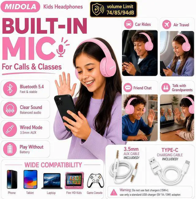 Alt view image 6 of 7 - Kids Bluetooth Headphones Wireless 68 Hours,Safe Volume Limit 85/94dB Pink | Adjustable Headband Foldable Over-Ear Lightweight Headsets for Toddler Girls Boys Tablet/iPad,HD Stereo,Built-in Mic
