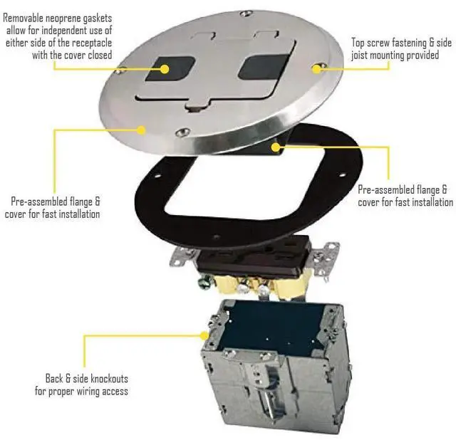 Alt view image 7 of 7 - RACO 1-Gang Floor Box Kit, Recessed Duplex 15A TR Device, Steel Box, Nickel