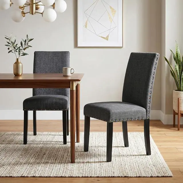 Alt view image 2 of 7 - Roundhill Furniture Biony Gray Fabric Dining Chairs with Nailhead Trim, Pack of 2