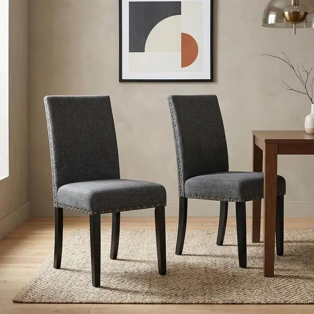 Alt view image 4 of 7 - Roundhill Furniture Biony Gray Fabric Dining Chairs with Nailhead Trim, Pack of 2