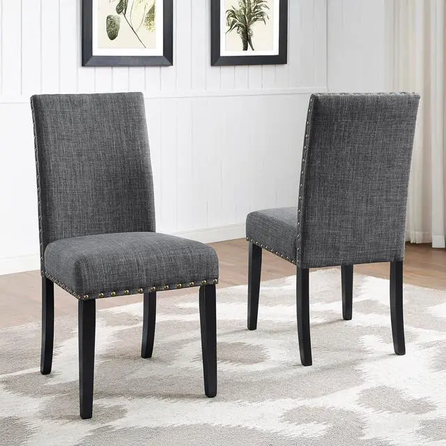 Alt view image 5 of 7 - Roundhill Furniture Biony Gray Fabric Dining Chairs with Nailhead Trim, Pack of 2