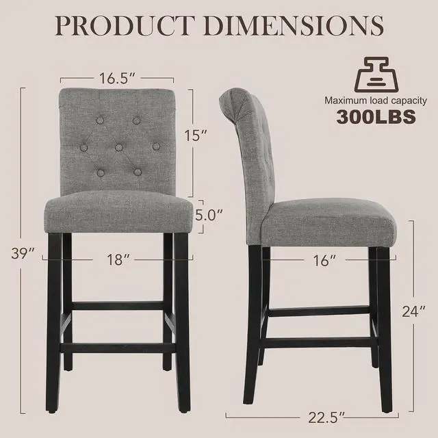 Alt view image 2 of 7 - GOTMINSI 24inch Counter Height Bar Stool, Set of 4 Counter Height Chairs for Kitchen Island Upholstered Back Bar Chairs Fabric Barstool with Button Tufted Decoration Leisure Style (Grey)