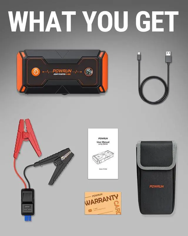 Alt view image 7 of 7 - Powrun P-ONE Jump Starter, 2000A Portable Jump Box - Car Jump Starter Battery Pack for up to 8.0L Gas and 6.5L Diesel Engines, 12V Battery Jump Starter with Carry Case (Orange)